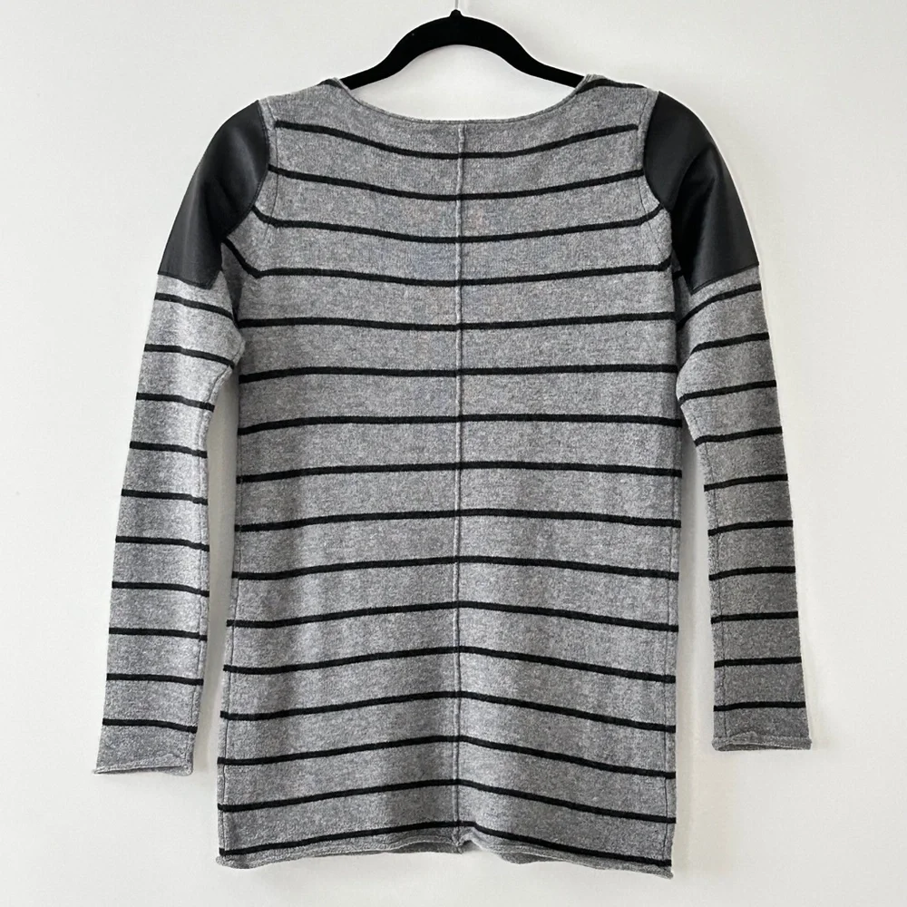 Woolly Minded Wool Cashmere Gray Striped Leather Shoulder Patch Crewneck Sweater